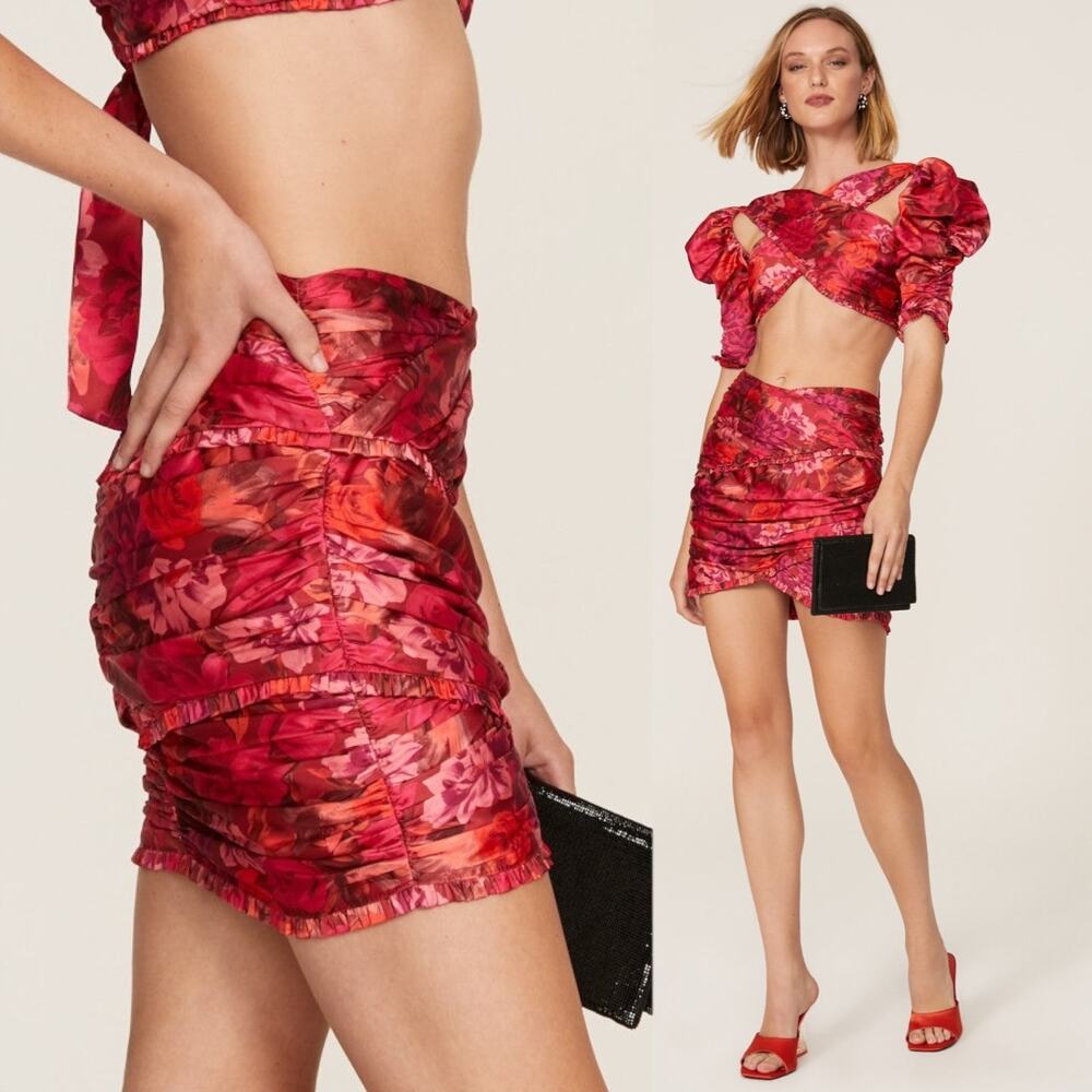 FOR LOVE & LEMONS Alia Floral Satin Mini Skirt Red Ruched Ruffle Festival Club
